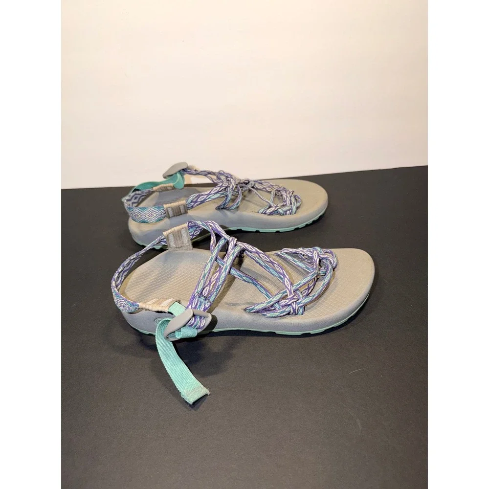 Chaco ZX/3 Sz 8 Strappy Sandals Grey‎ Purple Blue Toe Loop Water Walking Shoes